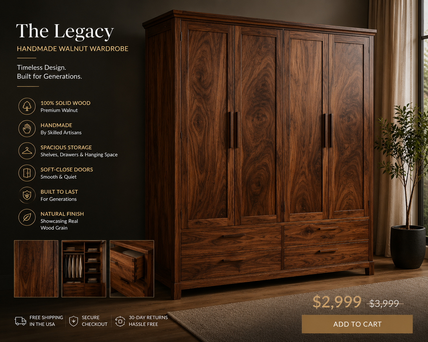 Luxury Handmade Walnut Wardrobe | Solid Wood Storage Cabinet