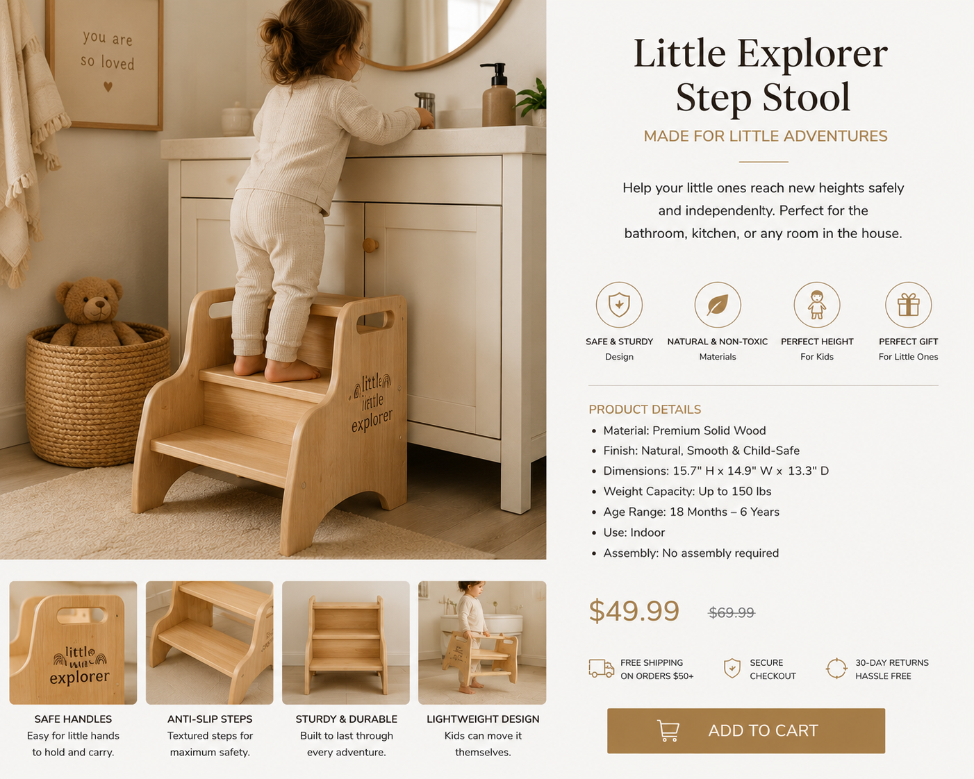 Wooden Step Stool for Toddlers | Safe Kids Learning Stool